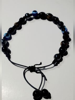 Black Beaded Adjustable Bracelet with Blue Accent Beads